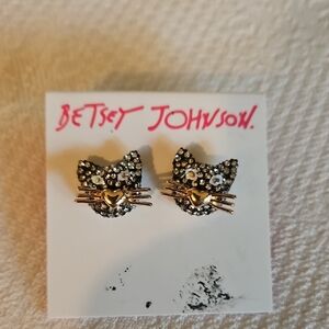 Betsey Johnson Glittering Cat Earrings with Gold Accents NWT